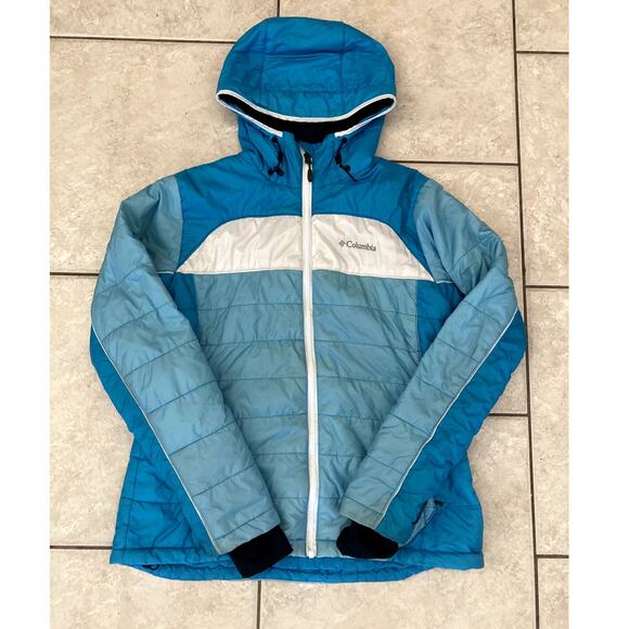 Columbia puffer parker coat womens large omni heat hooded light weight blue - Picture 1 of 9